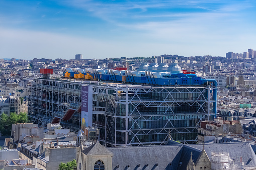 Paris, France, June 1st, 2019, the Pompidou Center, aerial view of the city