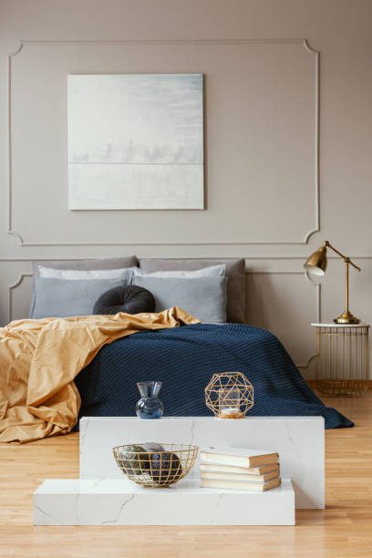 istock Vertical view of trendy bedroom interior with elegant design 1157622608