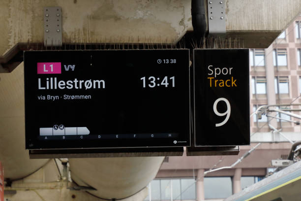 Destination Lillestrom Oslo, Norway - June 20, 2019: Platform information sign for train on line L1 with destination Lillestrom at the Oslo Central station track 9 operated by Vy. østfold stock pictures, royalty-free photos & images