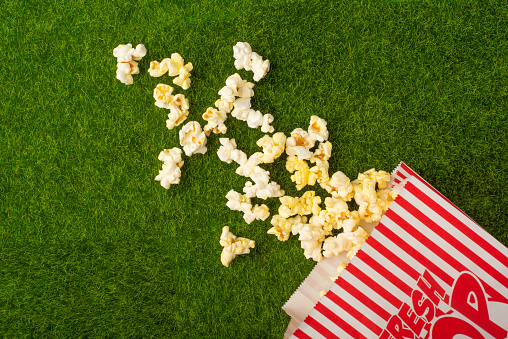 Packing with popcorn on a green lawn. Grass. Watching films on nature. In parks. Rest and entertainment. background