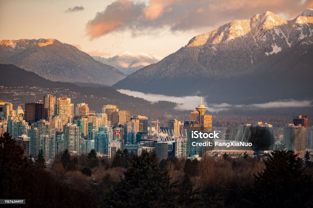 Downtown Vancouver cityscape from Queen Elizabeth Park at winter Vancouver - Canada Stock Photo