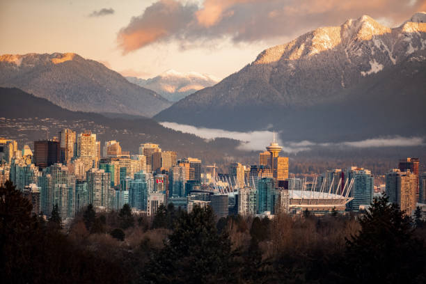 Downtown Vancouver cityscape from Queen Elizabeth Park at winter stock photo
