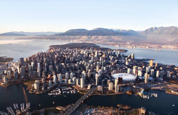 aerial view of vancouver downtown - vancouver harbor imagens e fotografias de stock