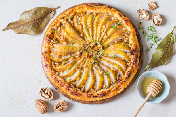 Pear tart with nuts and honey homemade pie.