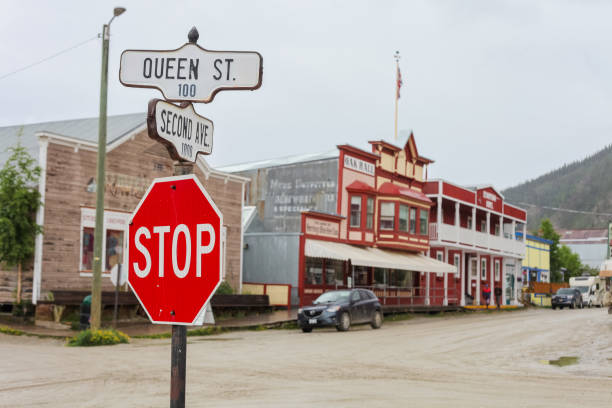 Dawson City, Canada - June 16, 2019. Road intersection in Dawson City, Yukon.