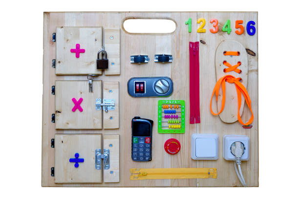 colorful busy board as best toy for kids stock photo