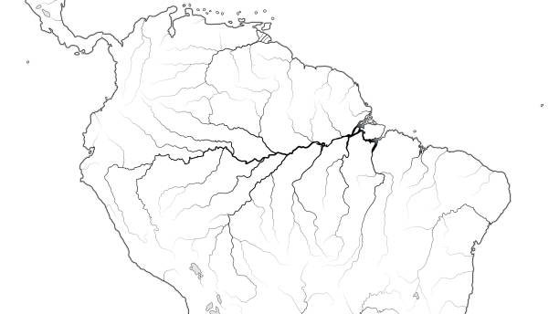 mapa świata regionu amazon selva w ameryce południowej: amazon selva, orinoco llanos, brazylia, wenezuela, kolumbia, peru. geograficzny wykres kontynentu z zamożnymi rzekami i oceanicznym wybrzeżem. - orinoco river stock illustrations