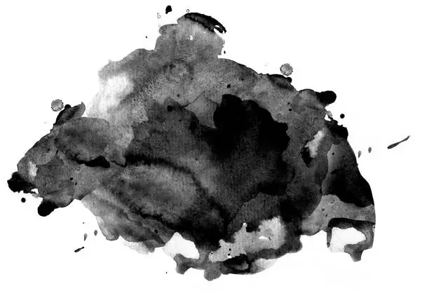 Black watercolor abstract with splashes on white watercolor paper. My own work.