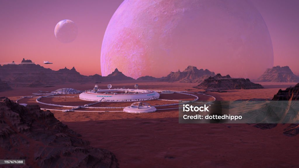 human base on the surface of an alien planet, colony on exoplanet (3d space illustration) research station on an extraterrestrial world City Stock Photo