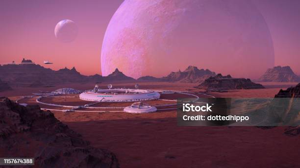 Human Base On The Surface Of An Alien Planet Colony On Exoplanet Stock Photo - Download Image Now