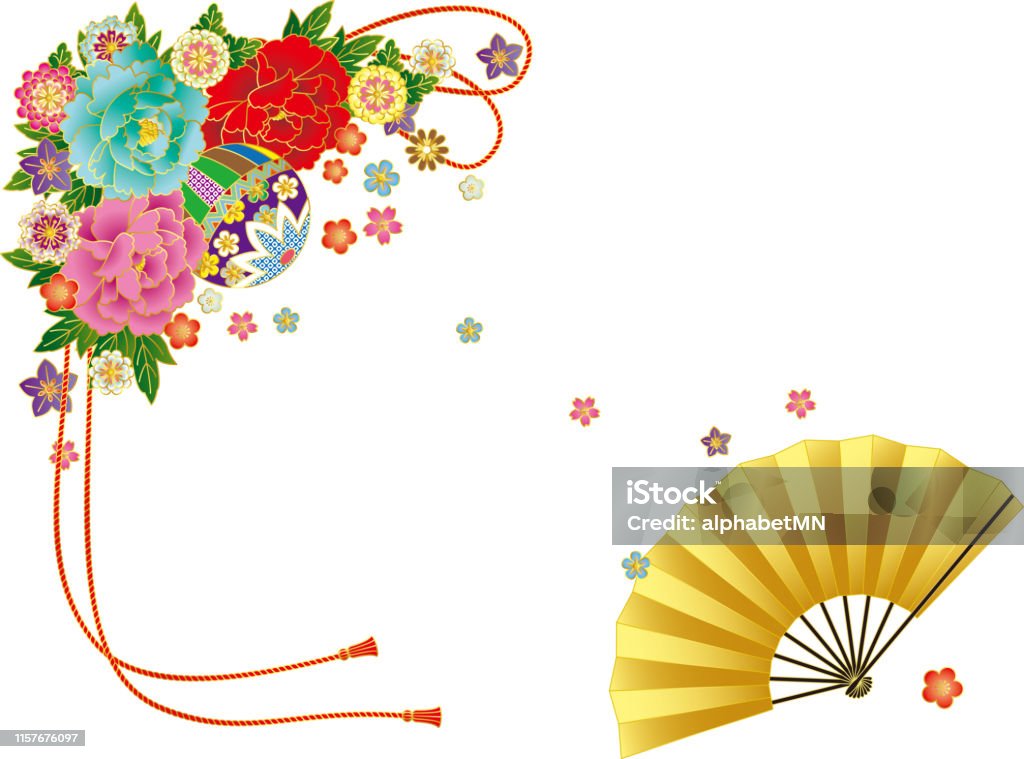 Bouquet de style japonais et ventilateur pliant. Matériel de fond - clipart vectoriel de Culture japonaise libre de droits