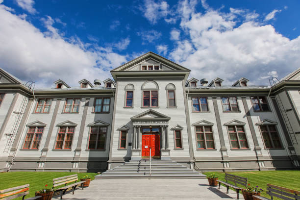Dawson City, Canada - June 17, 2019. The Dawson City Museum exterior in the Klondike Gold Rush town of Dawson City, Yukon. Currently this building is also used as a courthouse.