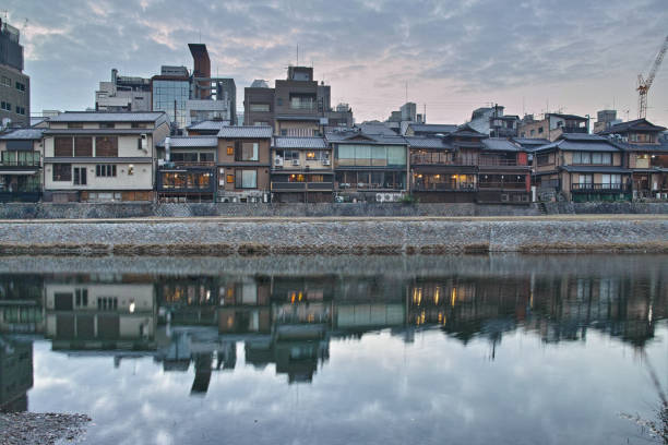 Kyoto Shijo, evening skyline as seen from the promenade along the Kamo river