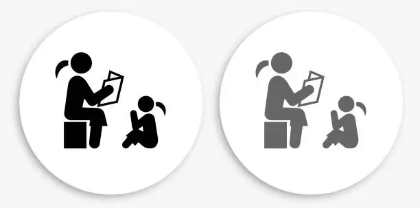 Vector illustration of Reading to Children Black and White Round Icon