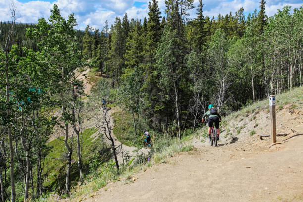 Miles Canyon Mountain Bikes Whitehorse, Canada - June 20, 2019. Mountain bikers pass along a rugged trail at Miles Canyon. yukon river canyon yukon whitehorse stock pictures, royalty-free photos & images