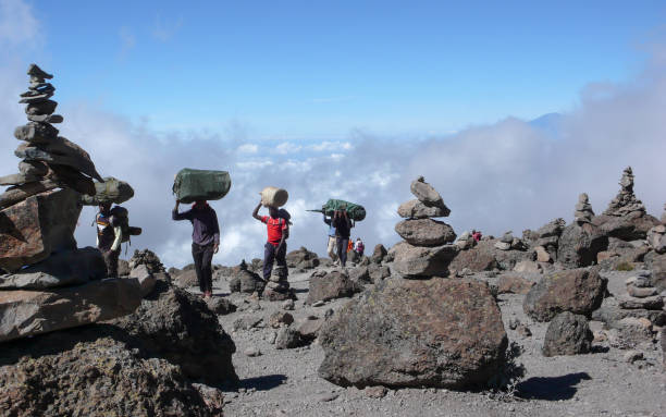 Mount Kilimanjaro / Tanzania: 5 January 2016: porters carry equipment and material through a rock desert with many stone cairns on Mount Kilimanjaro Mount Kilimanjaro / Tanzania: 5 January 2016: porters carry equipment and material through a rock desert with many stone cairns on Mount Kilimanjaro porter photos stock pictures, royalty-free photos & images