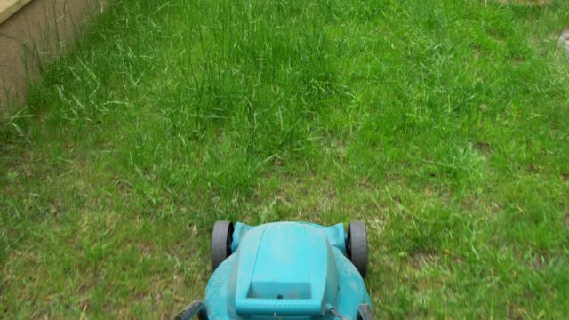 Mowing the Grass with Electric Lawnmower POV