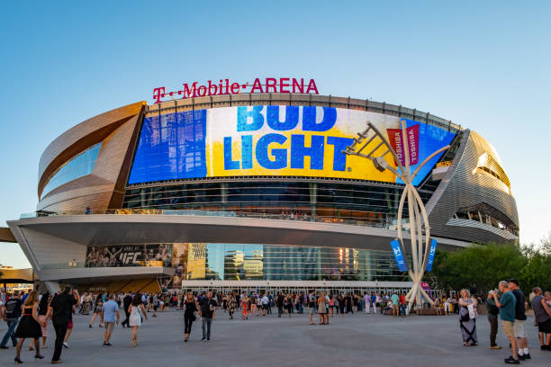 T Mobile Arena in Las Vegas Nevada Las Vegas,Nevada,USA - June 22 2019 : Exterior view of the T Mobile Arena in Las Vegas. It is the home of the Golden Knights ice hockey team. stadium advertising stock pictures, royalty-free photos & images