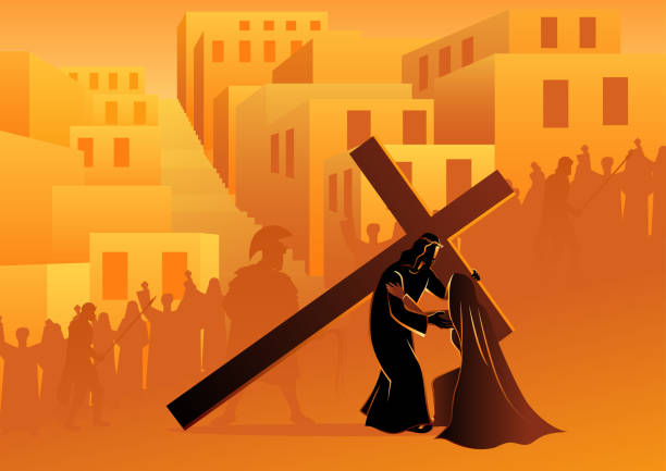 jesus trifft seine selige mutter maria - station of the cross stock-grafiken, -clipart, -cartoons und -symbole