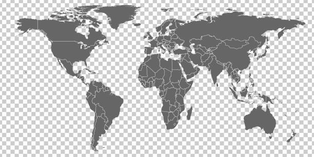 ilustrações, clipart, desenhos animados e ícones de vetor do mapa de mundo. vetor em branco do mapa de mundo similar cinzento no fundo transparente.  mapa de mundo similar cinzento com beiras de todos os países.  mapa de mundo da alta qualidade.  vetor stock. ilustração eps10 do vetor. - map cartography east asia china