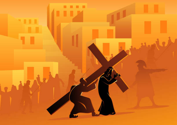 simon von kyrene hilft jesus, sein kreuz zu tragen - religiöse darstellung stock-grafiken, -clipart, -cartoons und -symbole