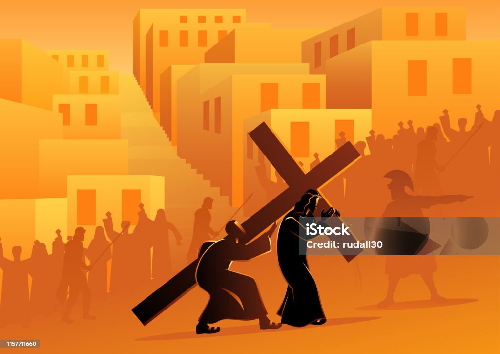 Simon of Cyrene Helps Jesus Carry His Cross Biblical vector illustration series. Way of the Cross or Stations of the Cross, fifth station, Simon of Cyrene helps Jesus carry his cross. Jesus Christ stock vector