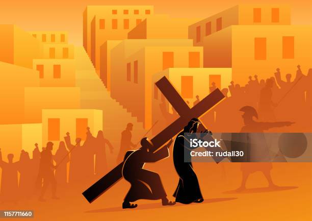Simon Of Cyrene Helps Jesus Carry His Cross Stock Illustration - Download Image Now - Jesus Christ, Religious Cross, Cross Shape