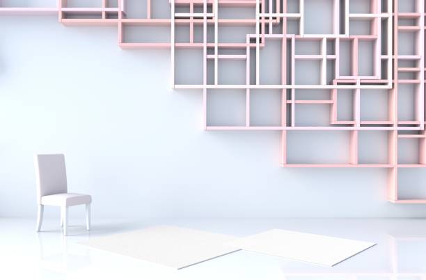 istock Empty white room decor with pink pastel shelves wall, tile floor, carpet, branch. 3D render. The sun shines through the window into the shadows. 1157711805