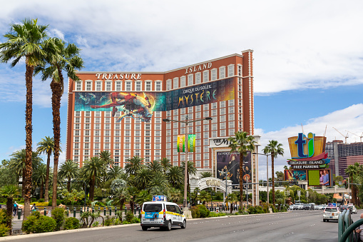 Las Vegas, Nevada, United States: May 20, 2019: Las Vegas Strip, casino and hotels city view at daytime from the street.Treasure Island hotel and casino