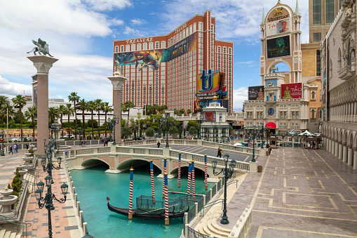 Las Vegas, Nevada, United States: May 20, 2019: Las Vegas Strip, casino and hotels city view at daytime from the street.Treasure Island and The Venetian hotel and casino