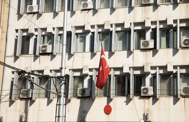 SOFIA, BULGARIA, JUNE 22, 2019: Turkish embassy in Sofia city with the traditional Turkish flag on the build in daily time.