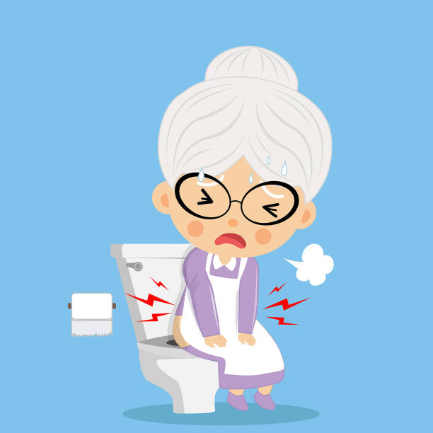 The old woman was defecating in the toilet. The old woman was defecating in the toilet with difficulty and serious like bad health. mature woman healthy eating stock illustrations