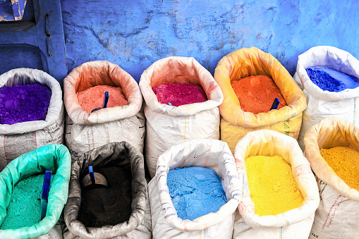Bags with powder for paint, which are sold in the clear in the city of Chefchaouen. Morocco