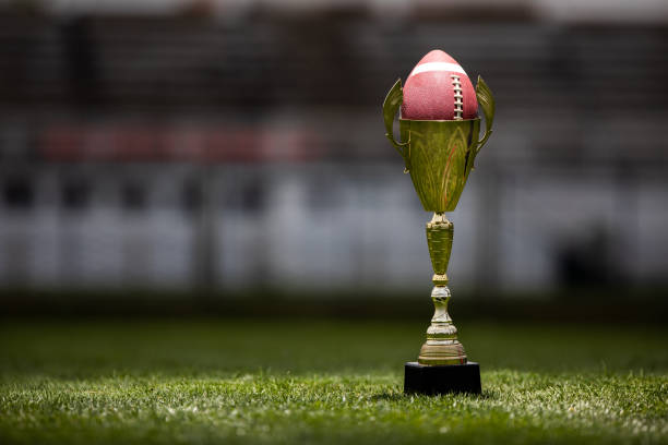 Winning trophy with ball on American football field. Copy space.