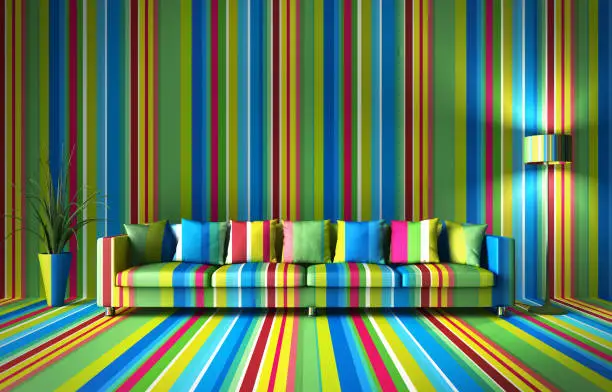 Colorful striped wall and sofa with the same striped pattern