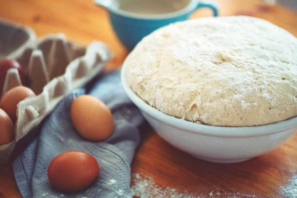 make a fresh yeast dough in the kitchen - dough sphere kneading bread imagens e fotografias de stock