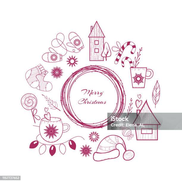 Set Of Christmas And New Year Items Mittens Snowflakes Socks Candies Mugs Houses Frame Garland Santa Claus Hat And Other Objects Handdrawn Linear Illustration Doodle Sketch Vector Stock Illustration - Download Image Now