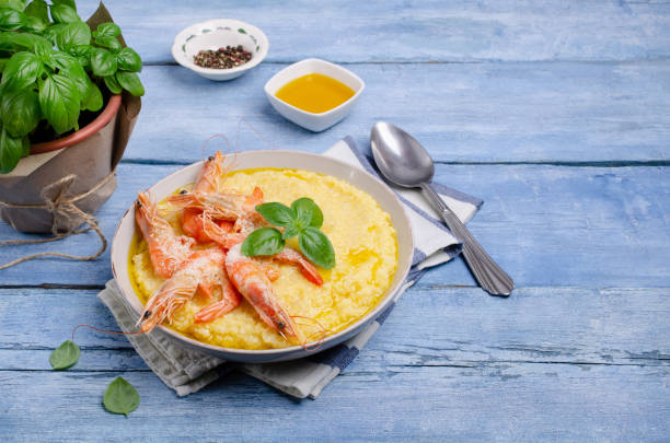 istock Large untreated shrimp with polenta 1157727664