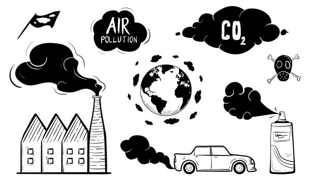 загрязнение воздуха значок установить рука drawn вектор иллюстрация - factory pollution smoke smog stock illustrations