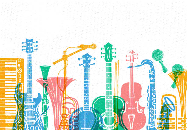 Musical instruments, guitar, fiddle, violin, clarinet, banjo, trombone, trumpet, saxophone, sax. Hand drawn vector illustration. Musical instruments, guitar fiddle, violin, clarinet, banjo, trombone, trumpet, saxophone, sax, music lover slogan graphic for t shirt design posters prints. Hand drawn vector illustration kids tshirt stock illustrations