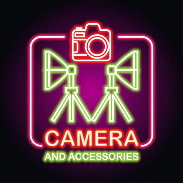 Vector illustration of camera equipment with neon sign effect for camera store. vector illustration
