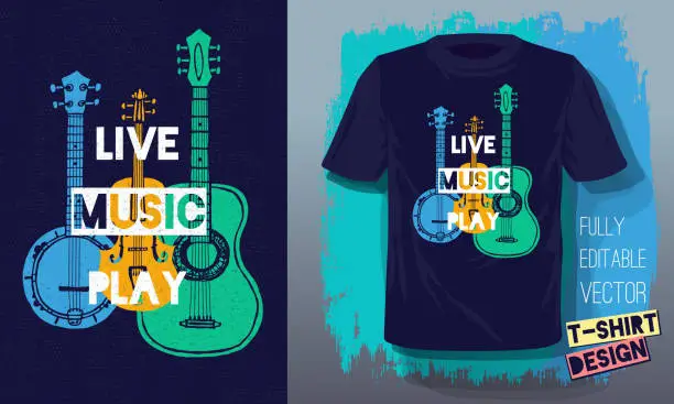 Vector illustration of Live music play lettering slogan retro sketch style acoustic guitar, banjo, violin, fiddle for t shirt design