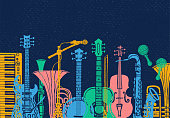 istock Musical instruments, guitar, fiddle, violin, clarinet, banjo, trombone, trumpet, saxophone, sax. Hand drawn vector illustration. 1157742384
