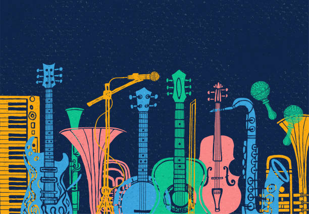 Musical instruments, guitar, fiddle, violin, clarinet, banjo, trombone, trumpet, saxophone, sax. Hand drawn vector illustration. Musical instruments, guitar, fiddle, violin, clarinet, banjo, trombone, trumpet, saxophone, sax music lover slogan graphic for t shirt design posters prints. Hand drawn vector illustration musical equipment stock illustrations