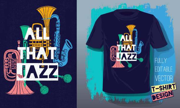 ilustrações, clipart, desenhos animados e ícones de tudo o que o jazz lettering slogan retro sketch estilo instrumentos musicais saxofone, trombeta, clarinete, trombone para t-shirt design - trumpet jazz music musical instrument