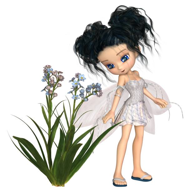 Fantasy illustration of a cute toon forget-me-not flower fairy with black hair, 3d digitally rendered illustration
