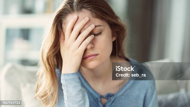 Young Woman With Headache Stock Photo - Download Image Now - Headache, Women, Distraught