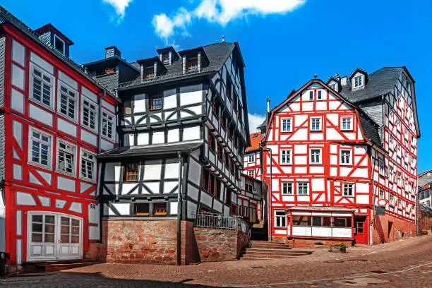 Historic streets of the old quarters of Marburg. Marburg is a university town in the German federal state (Bundesland) of Hessen.