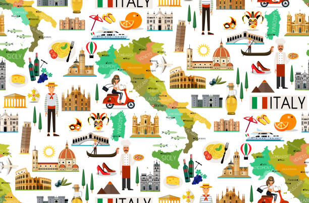 illustrazioni stock, clip art, cartoni animati e icone di tendenza di modello di viaggio italia. - italy map sicily cartography