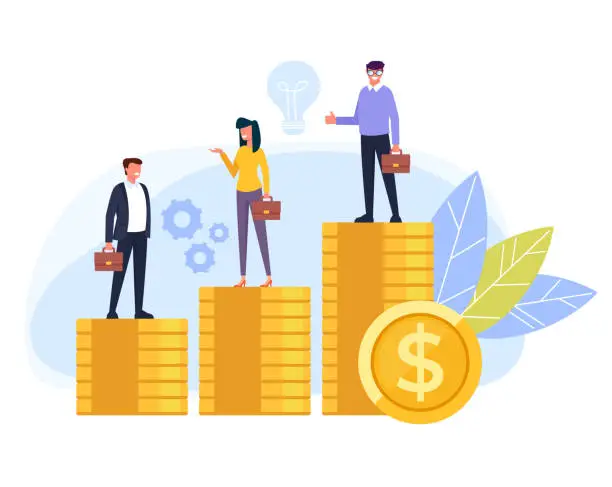 Vector illustration of Business people office workers standing on different stack golden coins. Salary income difference concept. Vector flat cartoon graphic design isolated illustration